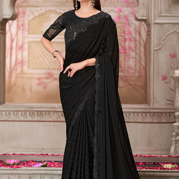 Monjolika Fashion Black Sequins Georgette Engagement Trendy Saree - Distacart