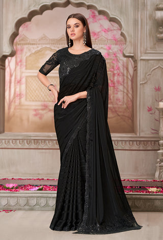 Monjolika Fashion Black Sequins Georgette Engagement Trendy Saree