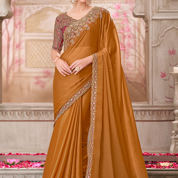 Monjolika Fashion Rust Embroidered Sequins Chiffon Silk Designer Saree