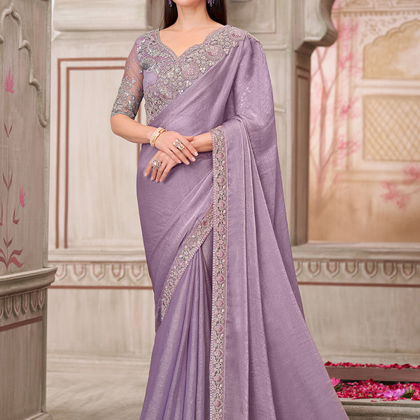 Monjolika Fashion Lavender Embroidered Chiffon Silk Engagement Classic Saree