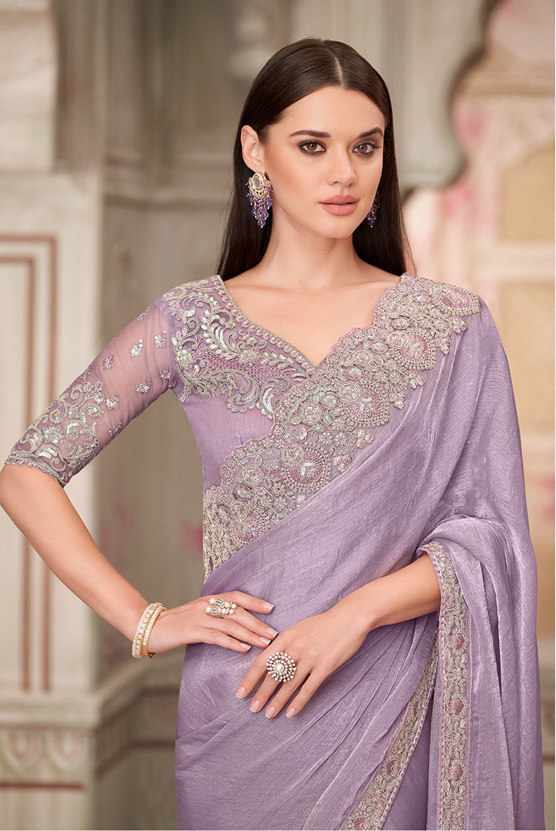 Monjolika Fashion Lavender Embroidered Chiffon Silk Engagement Classic Saree