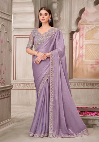 Monjolika Fashion Lavender Embroidered Chiffon Silk Engagement Classic Saree