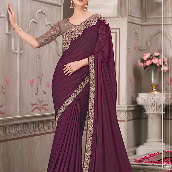 Monjolika Fashion Wine Georgette Silk Embroidered Sequins Contemporary Saree