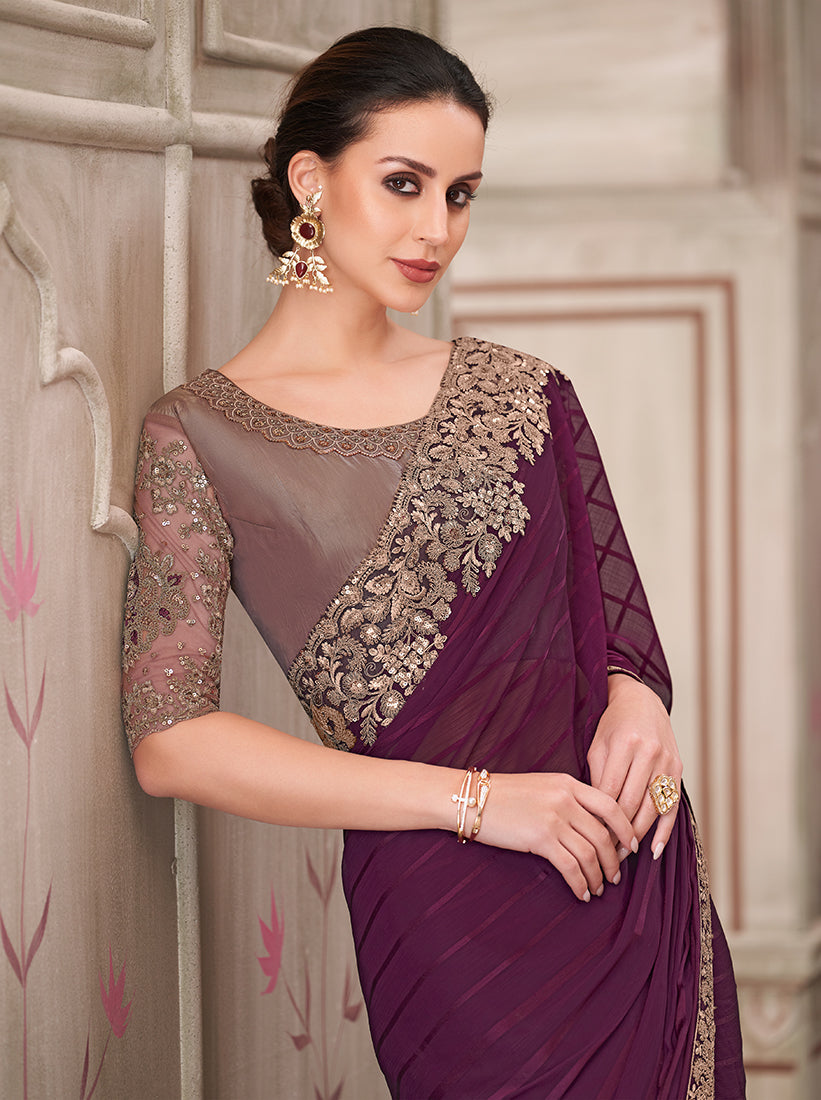 Monjolika Fashion Wine Georgette Silk Embroidered Sequins Contemporary Saree