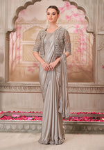 Thumbnail for Monjolika Fashion Silver Shimmer Satin Silk Sequins Engagement Designer Saree - Distacart