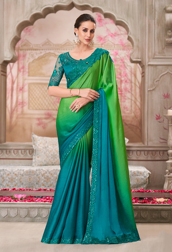 Monjolika Fashion Multi Colour Shaded Satin Chiffon Sequins Traditional Saree