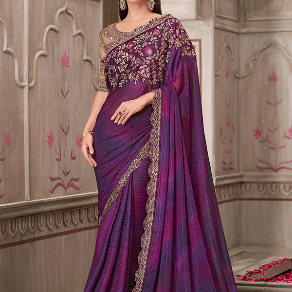 Monjolika Fashion Purple Satin Georgette Embroidered And Stone Work Trendy Saree