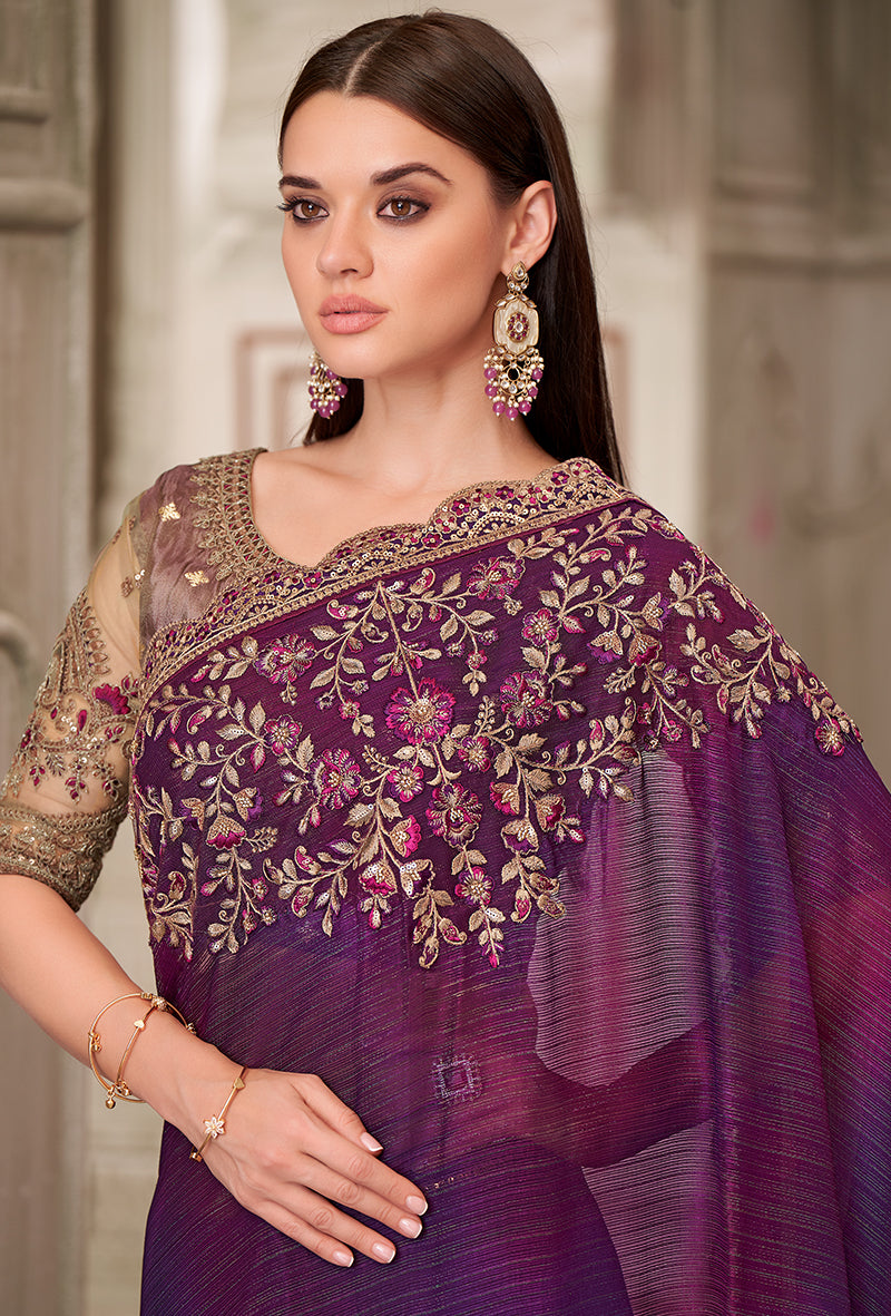 Monjolika Fashion Purple Satin Georgette Embroidered And Stone Work Trendy Saree