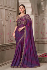 Thumbnail for Monjolika Fashion Purple Satin Georgette Embroidered And Stone Work Trendy Saree