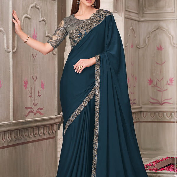 Monjolika Fashion Teal Satin Georgette Silk Embroidered Sequins Classic Saree