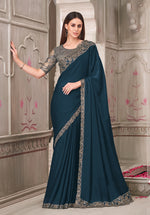 Thumbnail for Monjolika Fashion Teal Satin Georgette Silk Embroidered Sequins Classic Saree