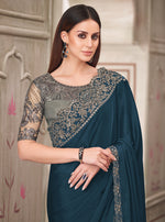 Thumbnail for Monjolika Fashion Teal Satin Georgette Silk Embroidered Sequins Classic Saree