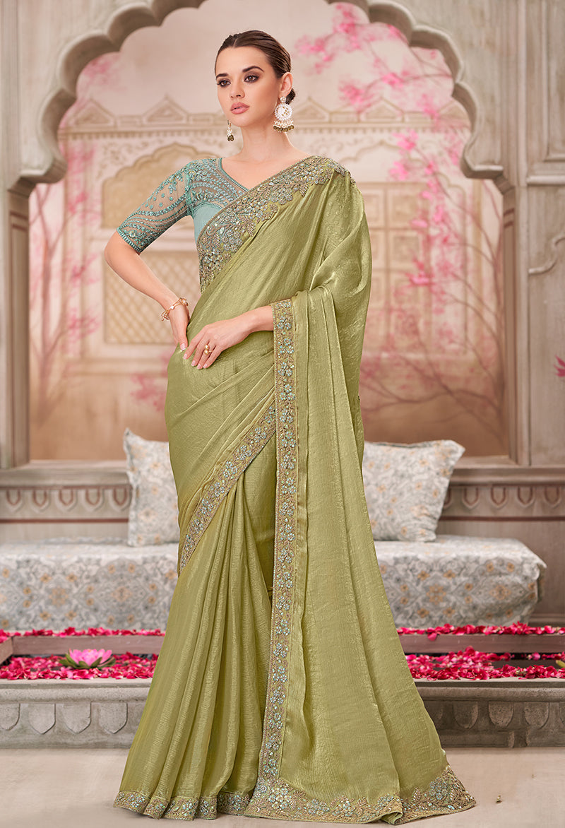 Monjolika Fashion Olive Chiffon Silk Embroidered Contemporary Saree