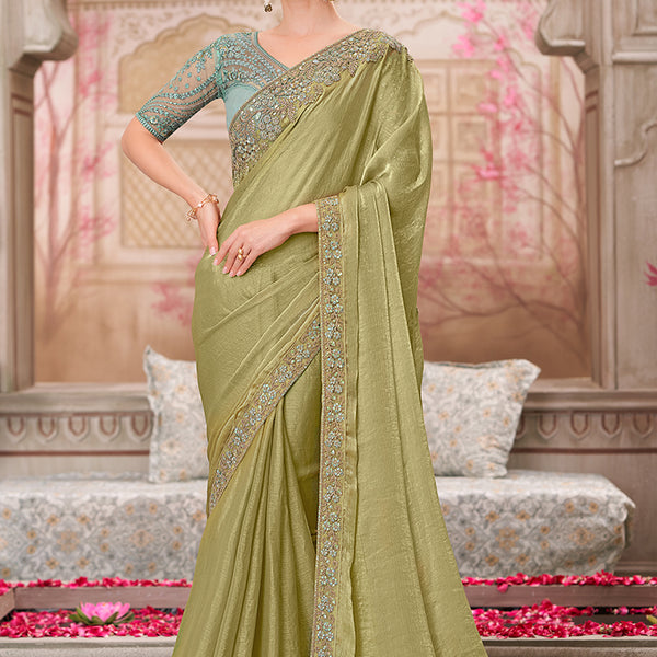 Monjolika Fashion Olive Chiffon Silk Embroidered Contemporary Saree