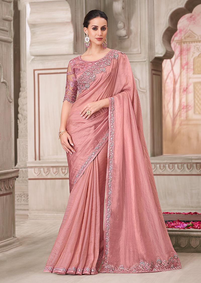 Monjolika Fashion Pink Georgette Satin Embroidered Trendy Saree