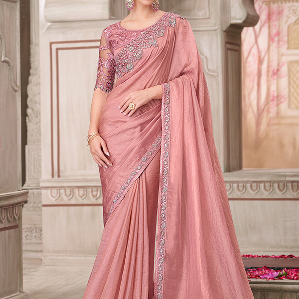 Monjolika Fashion Pink Georgette Satin Embroidered Trendy Saree - Distacart