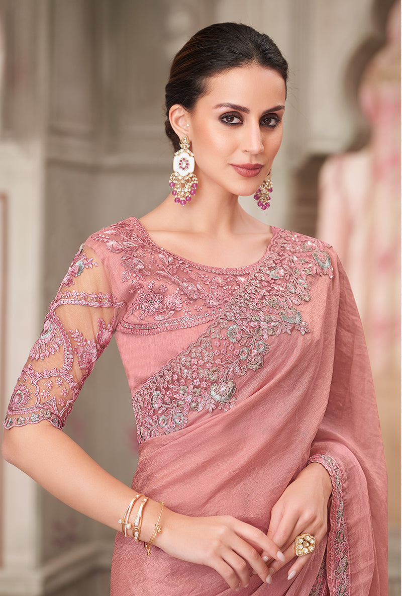 Monjolika Fashion Pink Georgette Satin Embroidered Trendy Saree