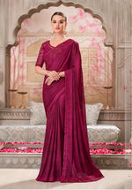 Thumbnail for Monjolika Fashion Burgundy Satin Silk Embroidered Sangeet Designer Saree