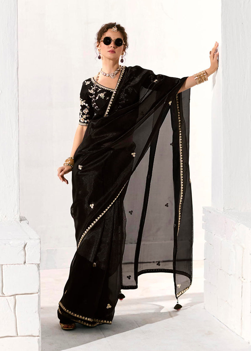 Monjolika Fashion Black Embroidered Sequins Sangeet Tissue Classic Saree