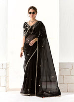 Thumbnail for Monjolika Fashion Black Embroidered Sequins Sangeet Tissue Classic Saree