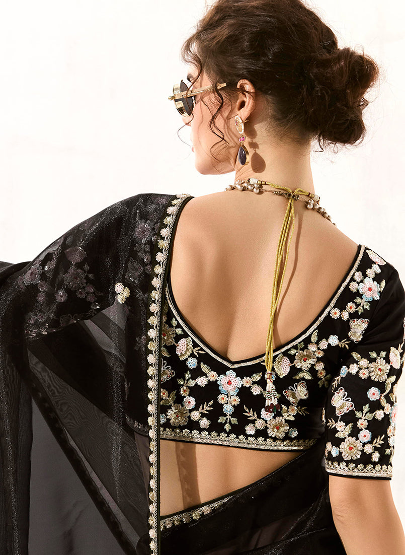Monjolika Fashion Black Embroidered Sequins Sangeet Tissue Classic Saree