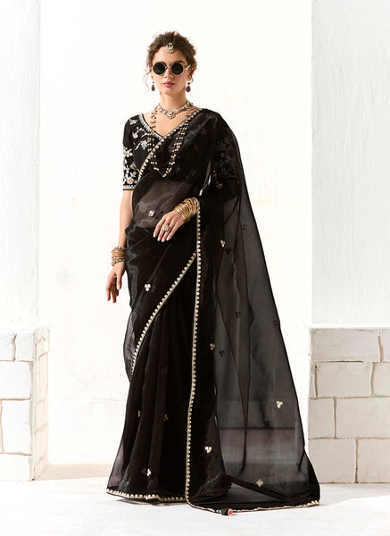 Monjolika Fashion Black Embroidered Sequins Sangeet Tissue Classic Saree