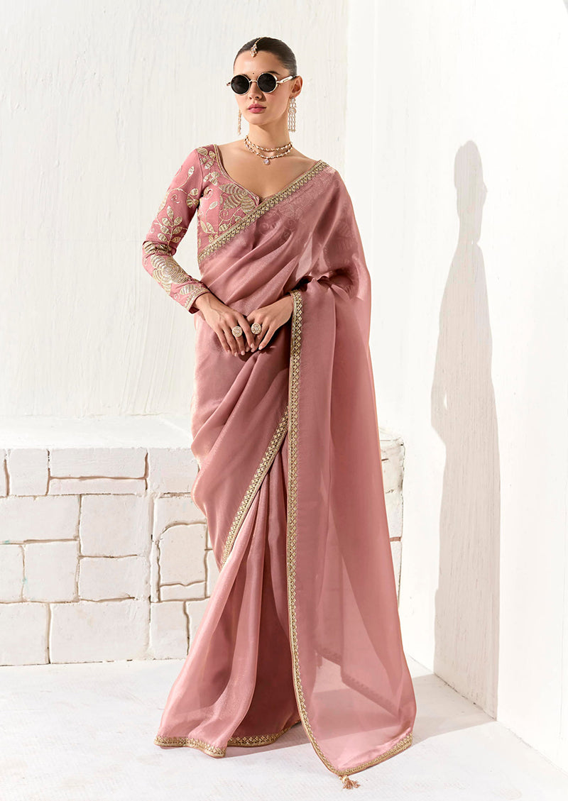 Monjolika Fashion Tissue Dusty Rose Embroidered Sequins Designer Saree - Distacart