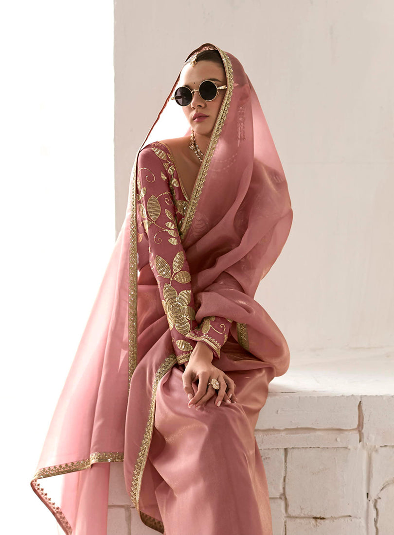 Monjolika Fashion Tissue Dusty Rose Embroidered Sequins Designer Saree - Distacart