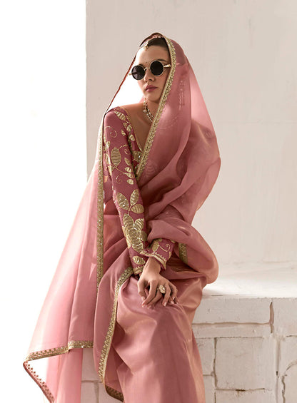 Monjolika Fashion Tissue Dusty Rose Embroidered Sequins Designer Saree - Distacart