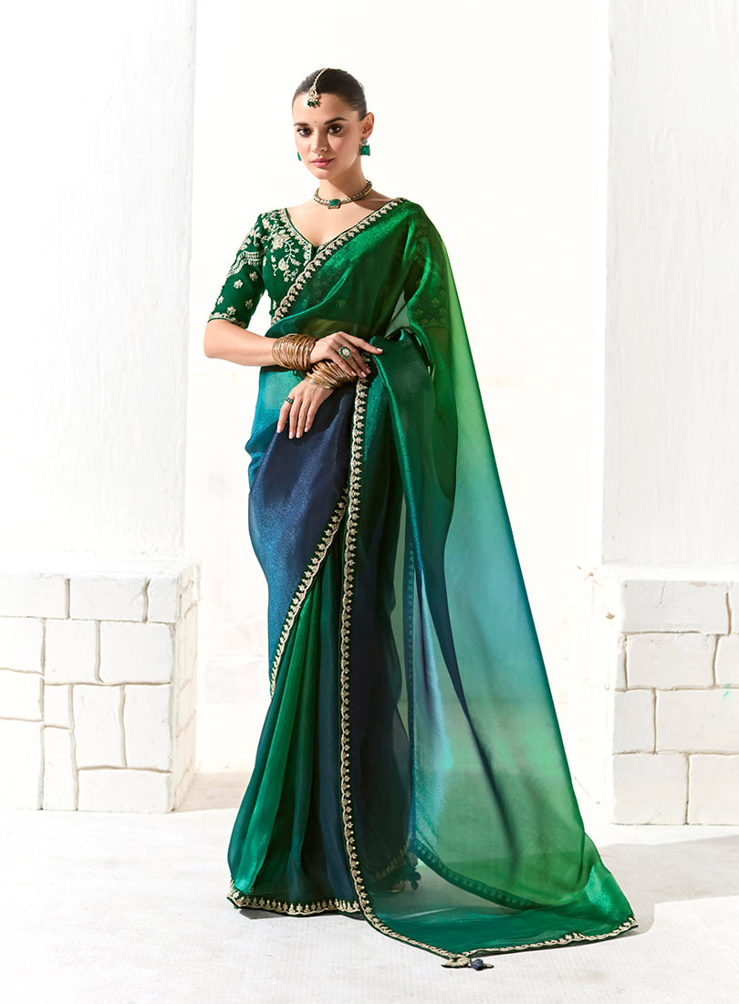 Monjolika Fashion Organza Tissue Embroidered Sequins Dark Green Traditional Saree