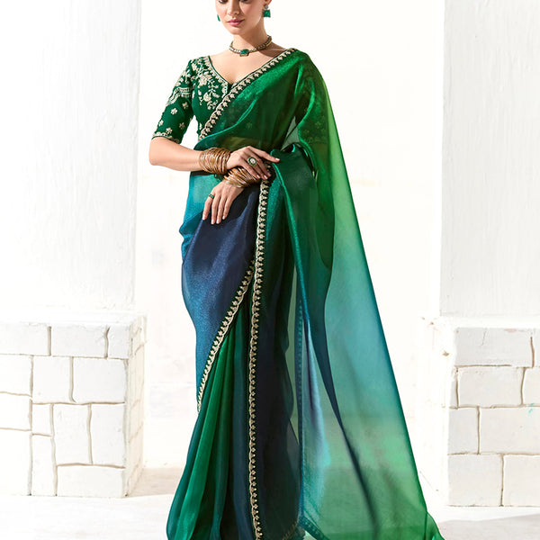 Monjolika Fashion Organza Tissue Embroidered Sequins Dark Green Traditional Saree - Distacart