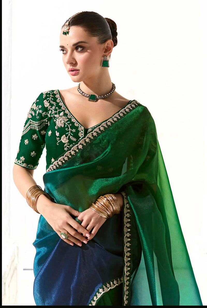 Monjolika Fashion Organza Tissue Embroidered Sequins Dark Green Traditional Saree