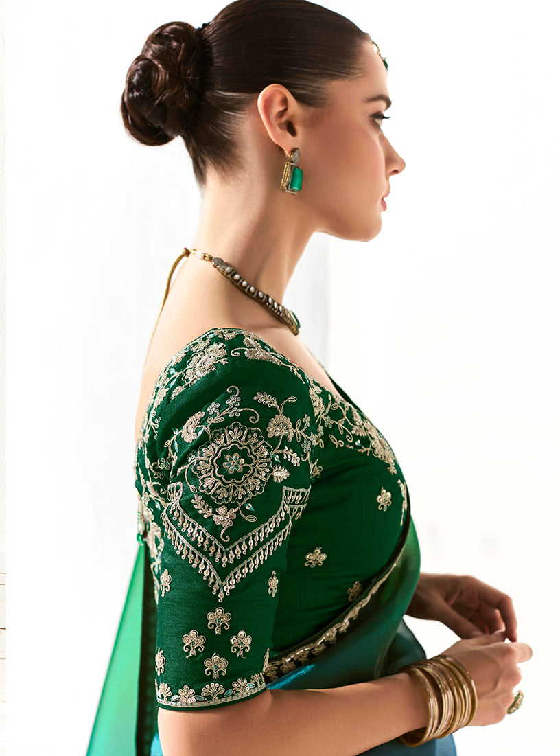 Monjolika Fashion Organza Tissue Embroidered Sequins Dark Green Traditional Saree