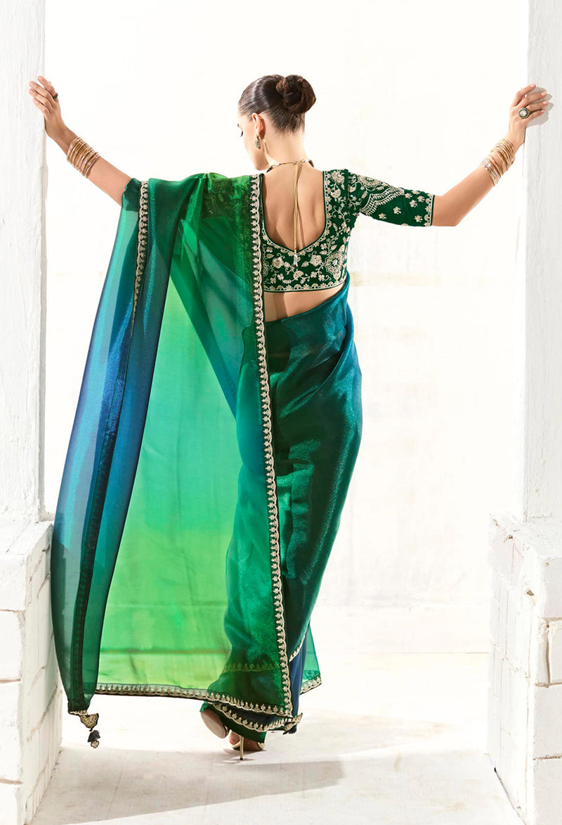 Monjolika Fashion Organza Tissue Embroidered Sequins Dark Green Traditional Saree
