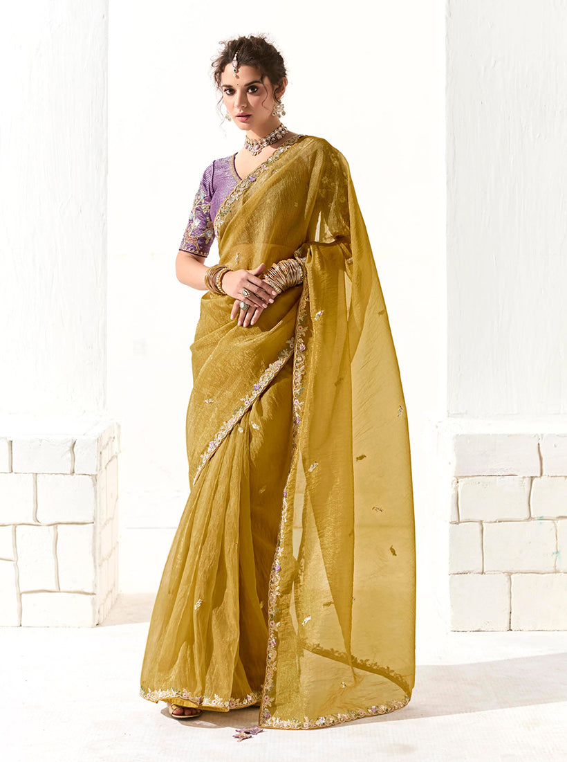 Monjolika Fashion Tissue Organza Mustard Embroidered Sequins Trendy Saree