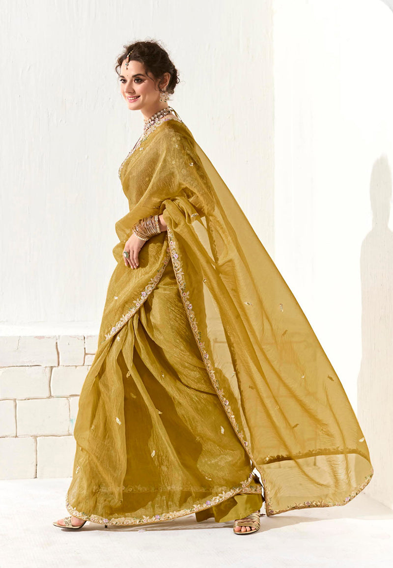 Monjolika Fashion Tissue Organza Mustard Embroidered Sequins Trendy Saree