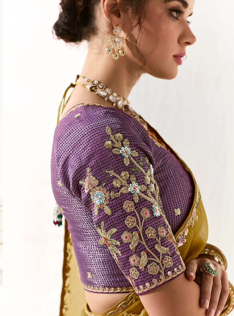 Monjolika Fashion Tissue Organza Mustard Embroidered Sequins Trendy Saree