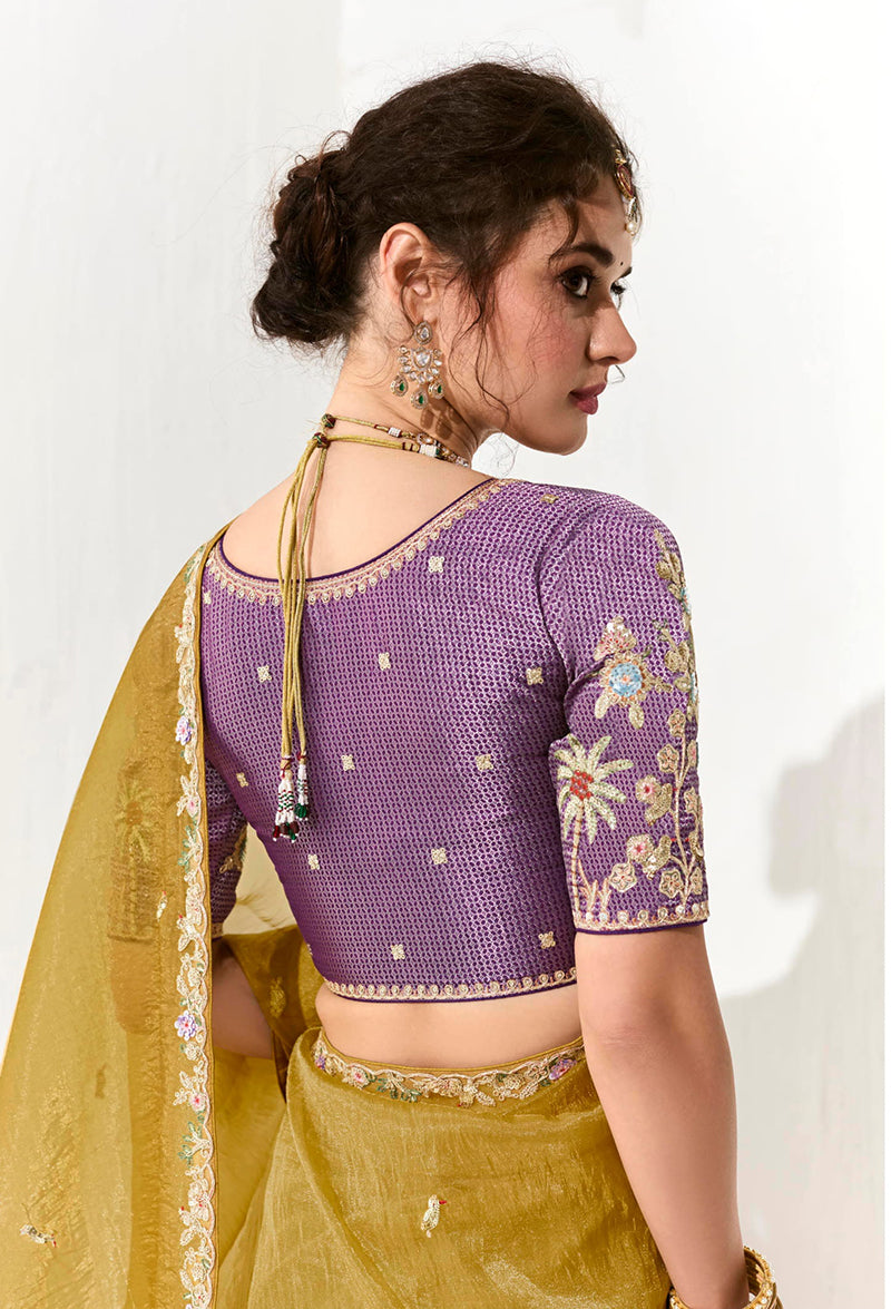 Monjolika Fashion Tissue Organza Mustard Embroidered Sequins Trendy Saree