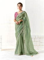 Thumbnail for Monjolika Fashion Tissue Embroidered Sequins Classic Saree in Dark Sea Green - Distacart