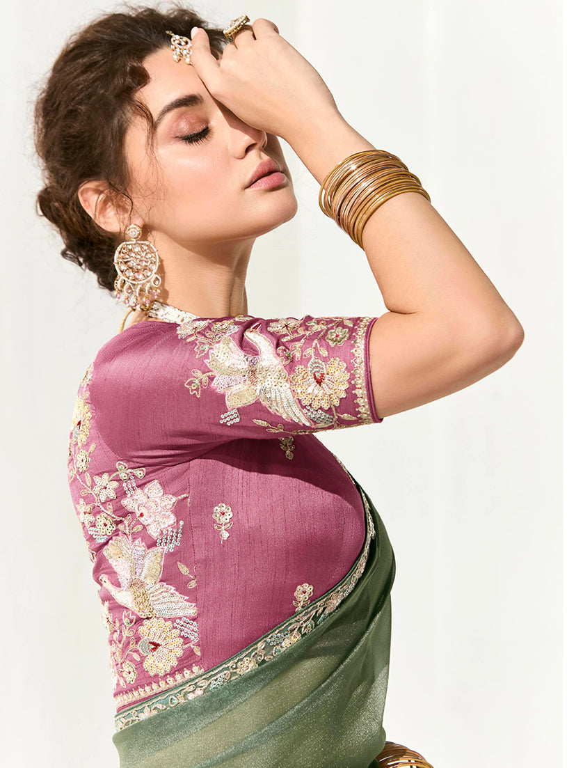 Monjolika Fashion Tissue Embroidered Sequins Classic Saree in Dark Sea Green - Distacart