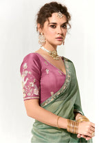 Thumbnail for Monjolika Fashion Tissue Embroidered Sequins Classic Saree in Dark Sea Green - Distacart