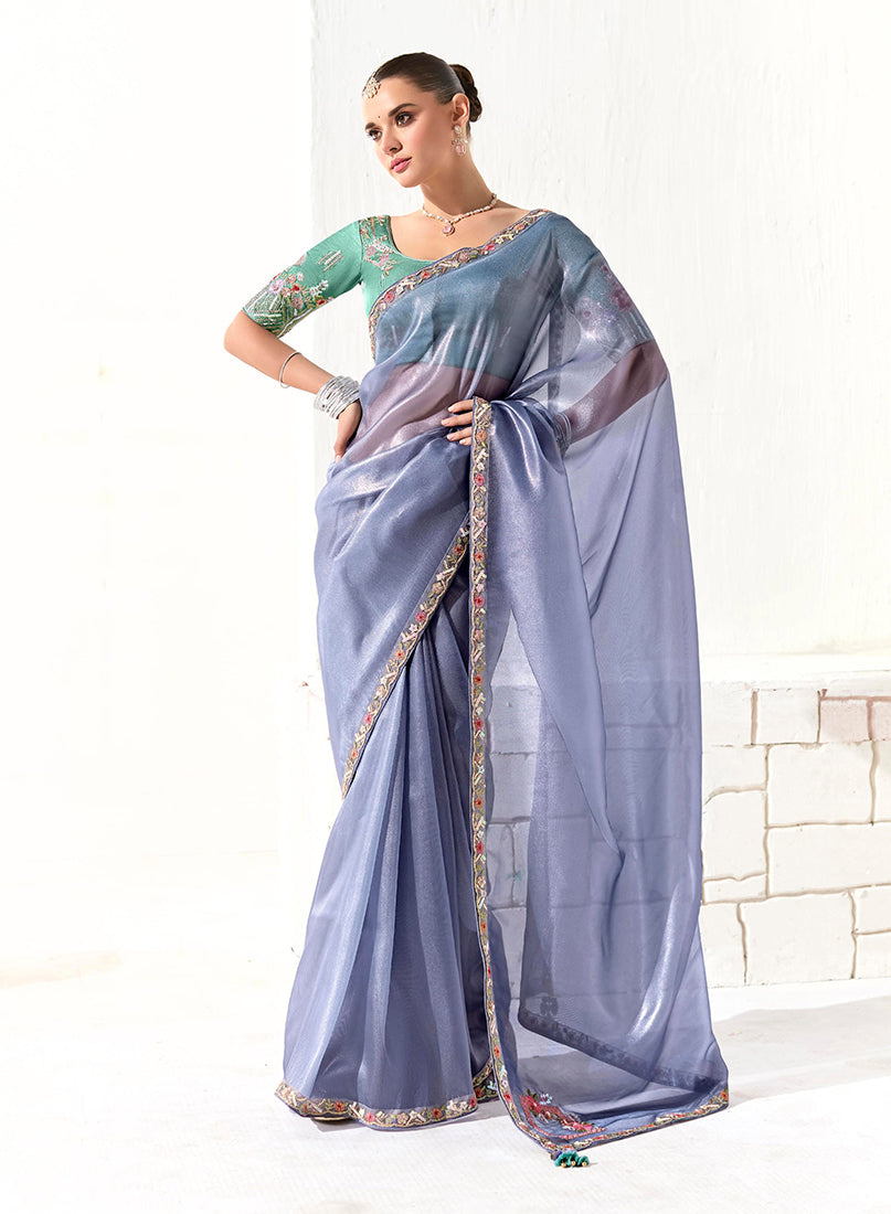 Monjolika Fashion Tissue Light Lavender Embroidered Border Contemporary Saree