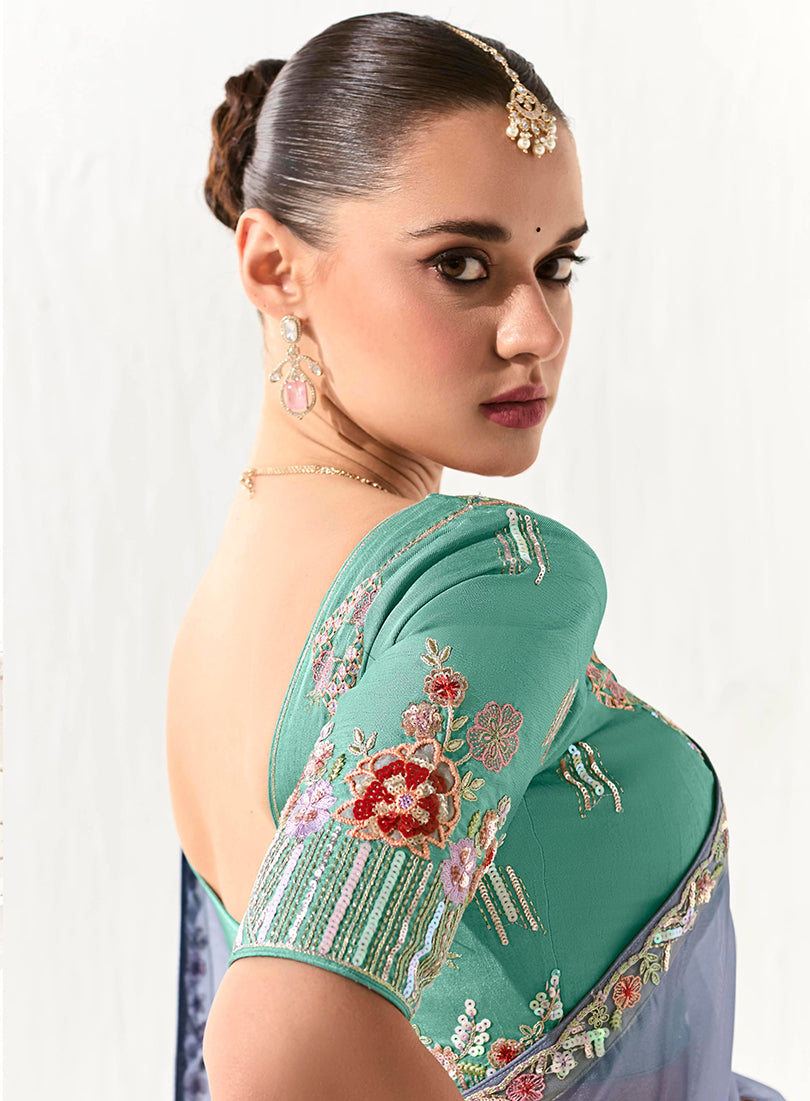 Monjolika Fashion Tissue Light Lavender Embroidered Border Contemporary Saree