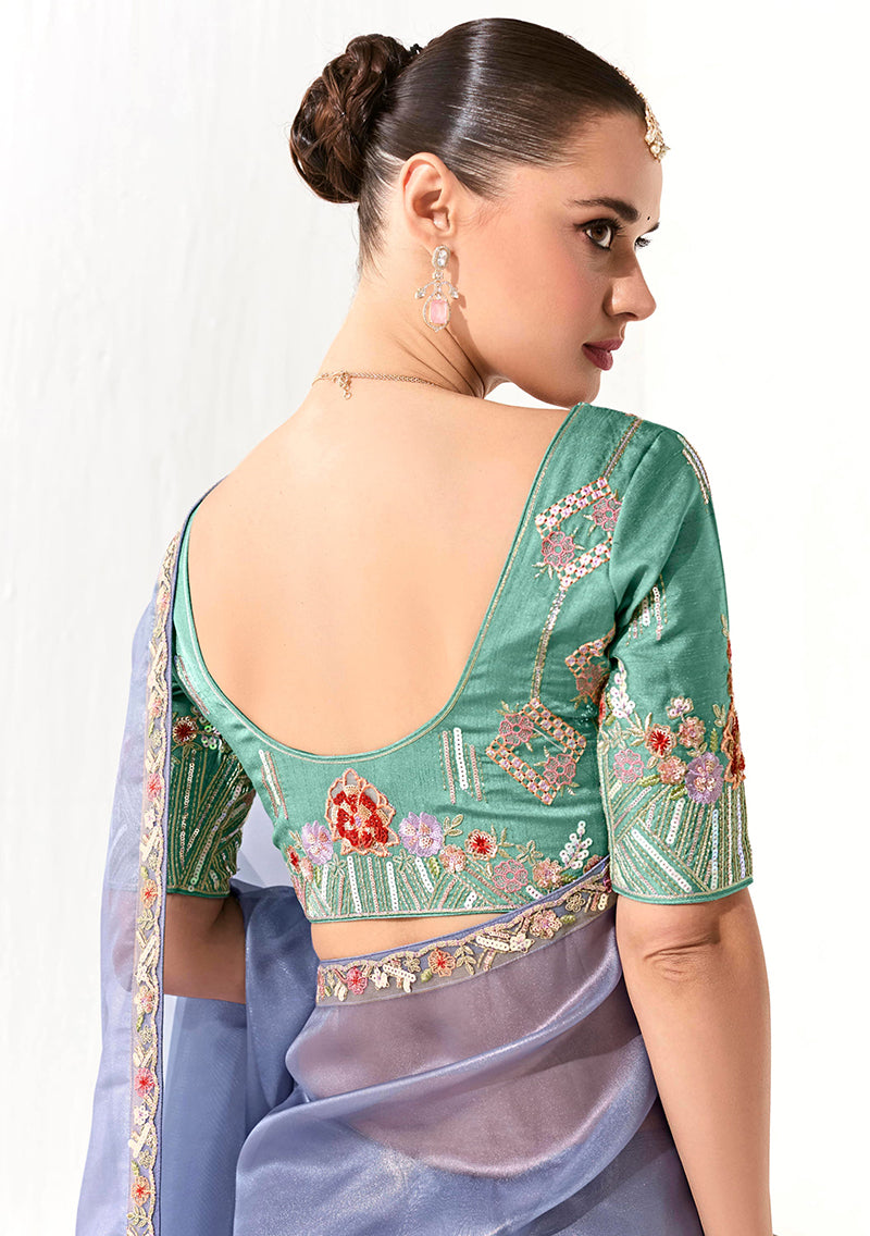 Monjolika Fashion Tissue Light Lavender Embroidered Border Contemporary Saree