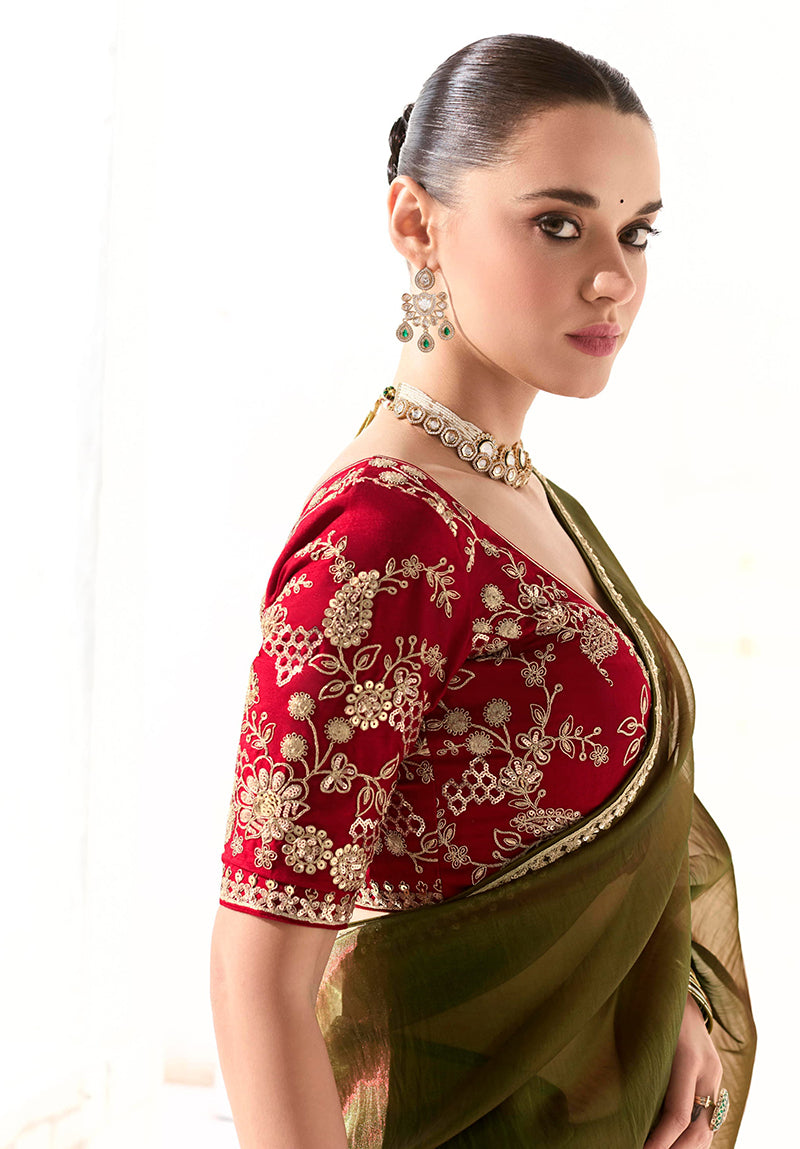 Monjolika Fashion Tissue Embroidered Sequins Dark Olive Traditional Saree