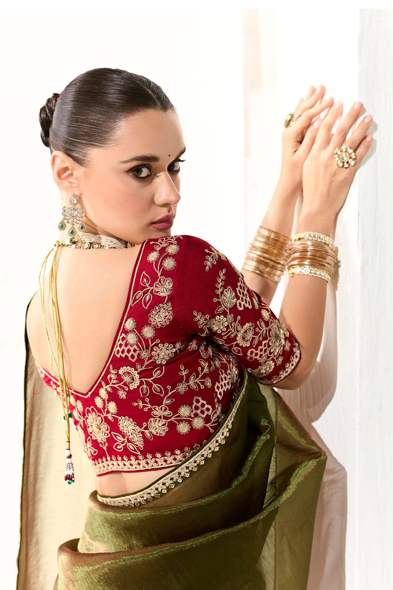 Monjolika Fashion Tissue Embroidered Sequins Dark Olive Traditional Saree