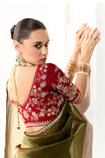 Thumbnail for Monjolika Fashion Tissue Embroidered Sequins Dark Olive Traditional Saree