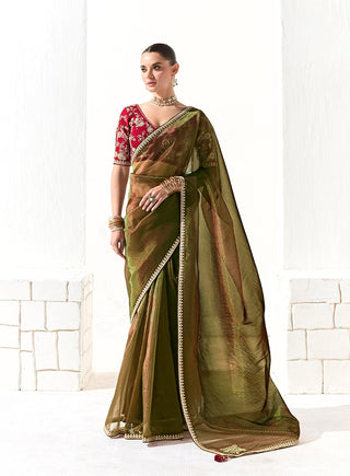 Monjolika Fashion Tissue Embroidered Sequins Dark Olive Traditional Saree