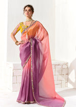 Thumbnail for Monjolika Fashion Tissue Organza Pink and Purple Embroidered Trendy Saree - Distacart