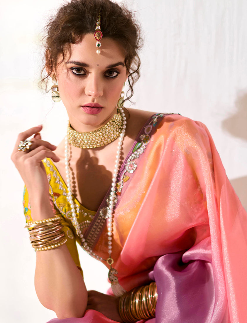 Monjolika Fashion Tissue Organza Pink and Purple Embroidered Trendy Saree - Distacart